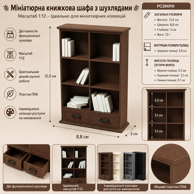 Миниатюрный стеллаж для книг с выдвижными ящиками Книжный шкаф 1:12 - изображение 14