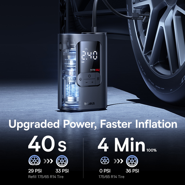 Портативный компрессор Baseus GoTrip VA1 7500mAh 110W беспроводной насос 150 PSI USB-C для авто мото и велосипеда - изображение 5