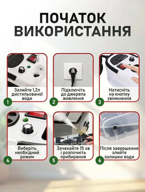 Ручний універсальний пароочисник Steam Cleaner 2500 Вт (1.2 л) — Побутовий парогенератор для прибирання та дезінфекції з 3 насадками, Білий - Фото 3 Ручний універсальний пароочисник Steam Cleaner 2500 Вт (1.2 л) — Побутовий парогенератор для прибирання та дезінфекції з 3 насадками, Білий - изображение 3