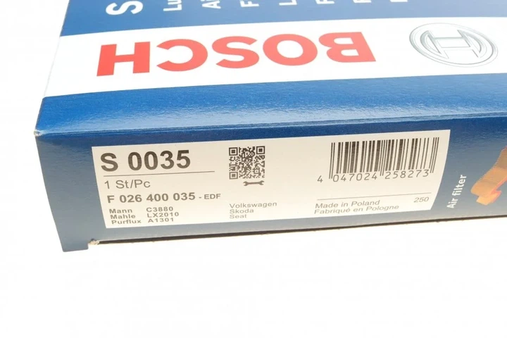 Повітряний фільтр BOSCH F 026 400 035 Skoda Roomster, Fabia, Octavia, Rapid; Seat Leon, Ibiza, Toledo, Cordoba; Volkswagen Polo, Golf, Caddy, Jetta 036129620M, 036129620J, 8562 - Фото 8 Повітряний фільтр BOSCH F 026 400 035 Skoda Roomster, Fabia, Octavia, Rapid; Seat Leon, Ibiza, Toledo, Cordoba; Volkswagen Polo, Golf, Caddy, Jetta 036129620M, 036129620J, 8562 - изображение 8