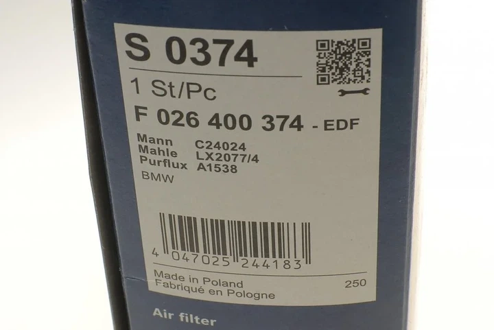 Повітряний фільтр BOSCH F 026 400 374 BMW 3 Series, 2 Series, 4 Series, 1 Series 13718511668 - изображение 5