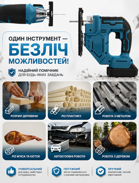Аккумуляторный электролобзик с бесщеточным двигателем и LED подсветкой портативная пила для фигурного реза дерева и металла с двумя аккумуляторами 21В 4Ач - Фото 2 Аккумуляторный электролобзик с бесщеточным двигателем и LED подсветкой портативная пила для фигурного реза дерева и металла с двумя аккумуляторами 21В 4Ач - изображение 2