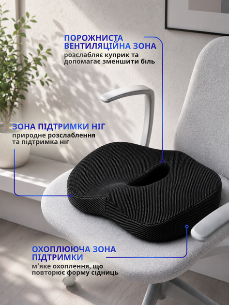 Ортопедична подушка для сидіння на стілець офісне крісло в машину для куприка спини тазу розвантаження хребта анатомічна гіпоалергенна піна з ефектом пам'яті memory foam дому офісу тривалих подорожей ергономічна при геморої Hechpro ТБORT1 - зображення 2