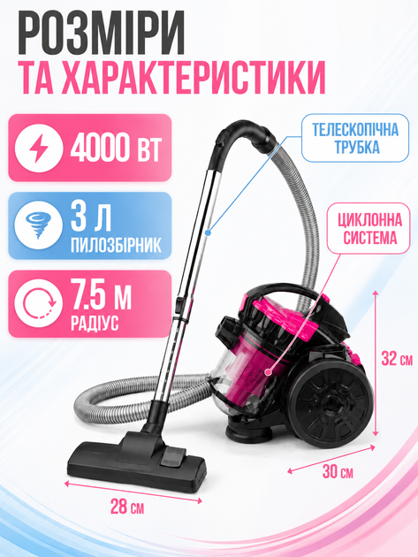 Пылесос циклонный без мешка розовый 4000 Вт с контейнером 3 л, турбощеткой и радиусом действия 7.5 м (49676033) - изображение 8