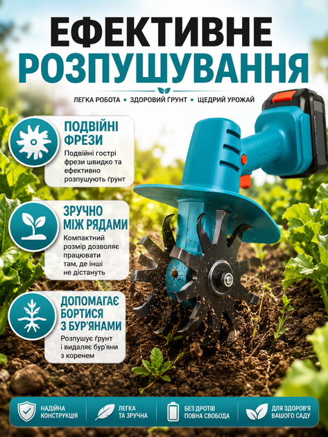 Культиватор міні акумуляторний синій для саду та грядок з подвійними фрезами, захисним кожухом і блокуванням безпеки (49675919) - зображення 5