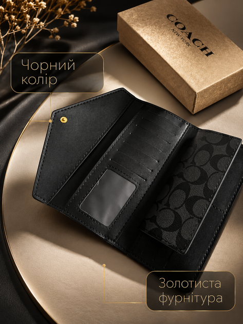 Жіночий гаманець Coach чорний довгий клатч з монограмою клапаном конвертом відділеннями для карток та золотистим логотипом - зображення 5