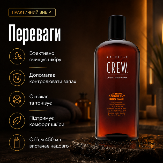 Гель для душу American Crew 24-Hour Deodorant Body Wash 450 мл чоловічий дезодоруючий засіб для тіла зі свіжістю до 24 годин - Фото 3 Гель для душу American Crew 24-Hour Deodorant Body Wash 450 мл чоловічий дезодоруючий засіб для тіла зі свіжістю до 24 годин - зображення 3