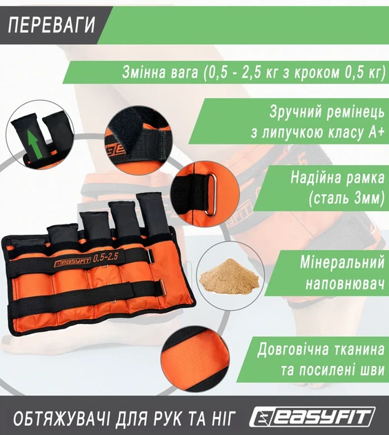 Утяжелители для ног и рук EasyFit наборные черно-оранжевые 0,5-2,5 кг (пара) - Фото 4 Утяжелители для ног и рук EasyFit наборные черно-оранжевые 0,5-2,5 кг (пара) - изображение 4