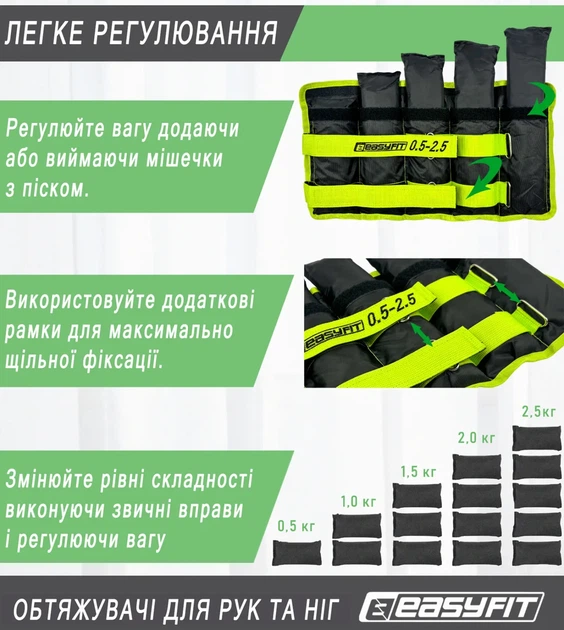Обтяжувачі для ніг і рук EasyFit набірні чорно-зелені 0,5-2,5 кг (пара) - зображення 5