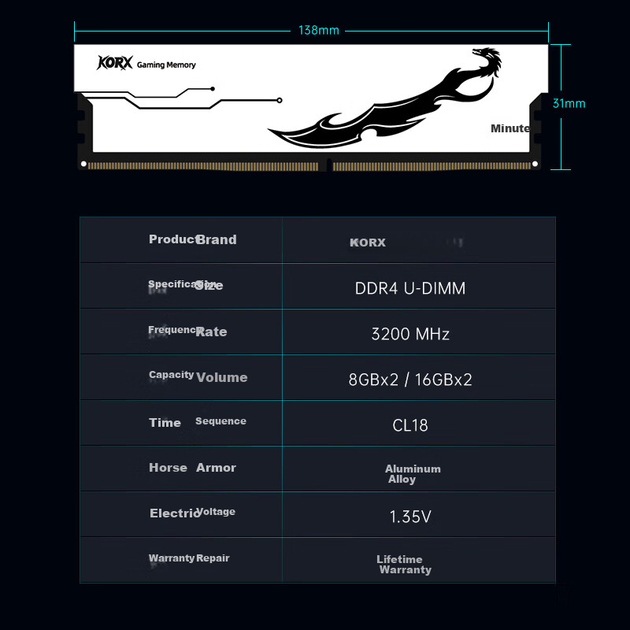 Комплект оперативной памяти KORX 16 ГБ (2 x 8 ГБ) DDR4 3200 для настольных компьютеров Daoke C18 Frost Moon White - изображение 4