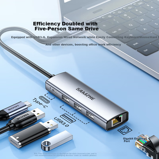 SAMZHE USB 3.0 до гігабітного Ethernet порту Type-C розширення док-станції спліттер, мережевий кабель-адаптер RJ45 для Apple 17 MacBook Huawei ноутбуків перетворення HWK1-S - зображення 5