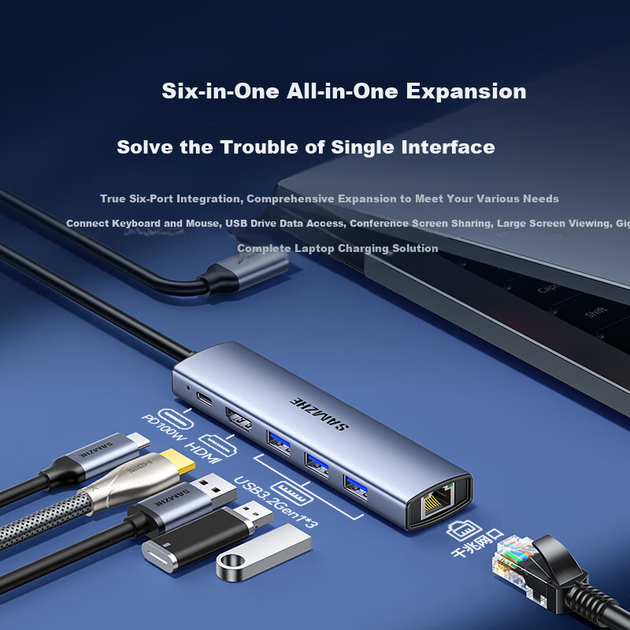 Док-станція Sanze Type-C, USB 3.0 Gigabit Ethernet Hub, адаптер Thunderbolt 4 - HDMI 4K для Apple MacBook/Mac mini DKK6 - зображення 4
