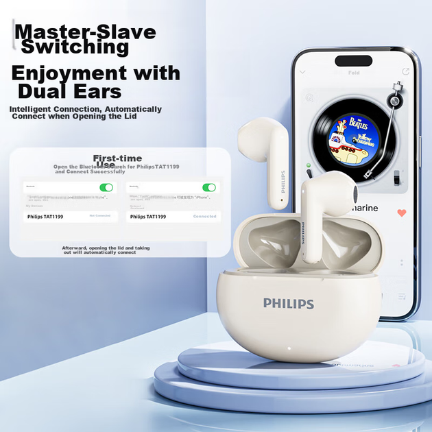 Bluetooth-навушники PHILIPS, справжні бездротові напів-вхідні спортивні бігові міні-музичні шумозаглушення ігрові низька затримка тривалий час роботи від акумулятора універсальні для Huawei Apple TAT1199 - брудно-білі - зображення 6