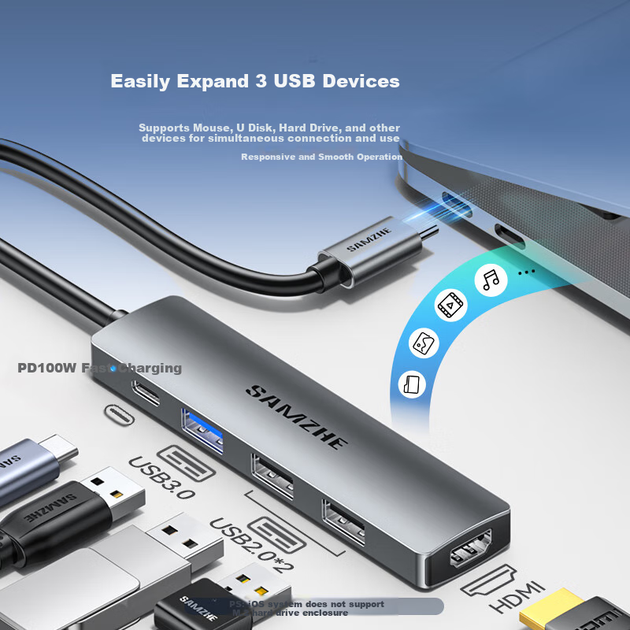 Док-станция расширения SAMZHE Type-C, концентратор Thunderbolt 4, HDMI-адаптер, USB-разветвитель, 4K 60 Гц, универсальный, для Apple 17 Macbook Mini, iPad, ноутбука, 5 датских крон. - изображение 7