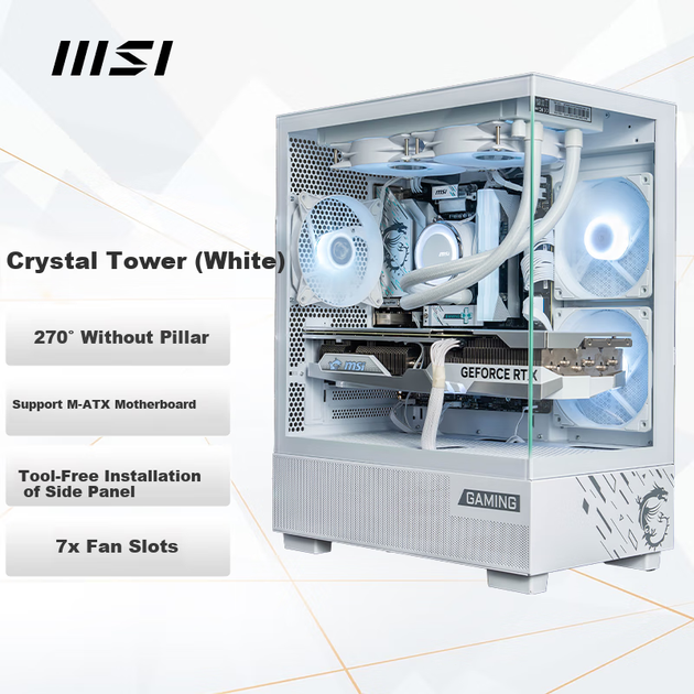 Корпус для игрового компьютера MSI Crystal Tower белого цвета, поддерживает материнские платы ITX (поддержка водяного охлаждения 240 мм / боковая панель из стекла / 7 мест для вентиляторов / панорамный обзор). - изображение 4
