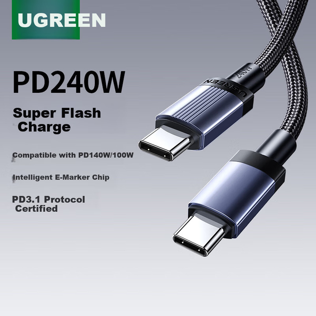 Кабель передачі даних UGREEN PD240W з двома головками Type-C, зарядний кабель Ctoc, підходить для Huawei, Honor, Xiaomi, надшвидка зарядка 100 Вт, планшетів Apple 17/16/15, ноутбуків, 2 метри - Фото 4 Кабель передачі даних UGREEN PD240W з двома головками Type-C, зарядний кабель Ctoc, підходить для Huawei, Honor, Xiaomi, надшвидка зарядка 100 Вт, планшетів Apple 17/16/15, ноутбуків, 2 метри - зображення 4