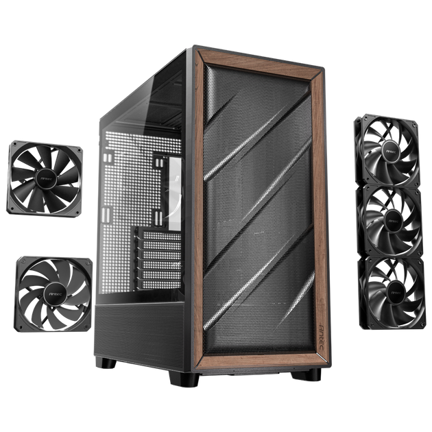Корпус Antec FLUX для компьютера, стеклянная боковая панель/имитация массива дерева/мощное охлаждение/патентованная технология воздушного потока FLUX/стандартные 5 вентиляторов/двойной 360-градусный вентилятор/E-ATX - изображение 6
