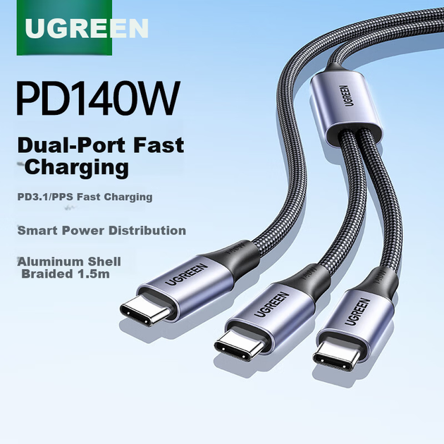 Кабель швидкої зарядки Ugreen 2-в-1 з двома головками Type-C PD 140 Вт, C-2C, для Apple iPhone 17/16/15, Huawei, планшетів, iPad, ноутбуків - Фото 4 Кабель швидкої зарядки Ugreen 2-в-1 з двома головками Type-C PD 140 Вт, C-2C, для Apple iPhone 17/16/15, Huawei, планшетів, iPad, ноутбуків - зображення 4