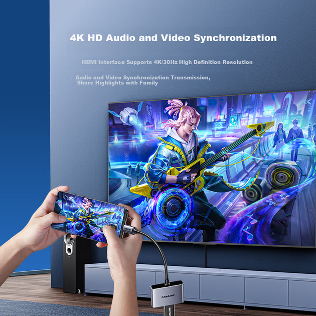 Док-станция расширения SAMZHE Type-C — HDMI, конвертер 4K высокой четкости, адаптер для телефонов и планшетов, док-станция расширения USB 3.0 для ноутбуков, iPad и проекторов мощностью PD100 Вт, DK-Q3. - изображение 5