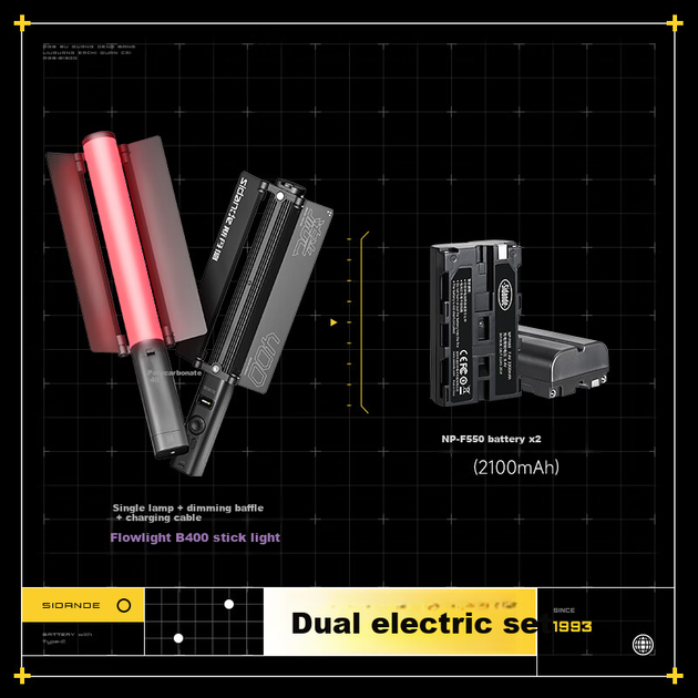 Комплект ручного светодиодного фонаря Sidande Flowing Light B400 Stick Light с двумя батареями, мощностью 25 Вт, для фотосъемки, портативный светодиодный фонарь RGB с регулируемой цветовой температурой, профессиональное освещение для уличной съемки. - зображення 4