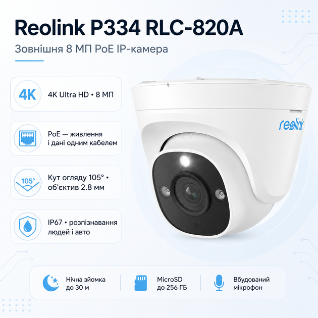 Внешняя IP-камера видеонаблюдения Reolink P334 8 МП PoE 2.8 мм IP67 1/2.49" White (RLC-820A) - изображение 2