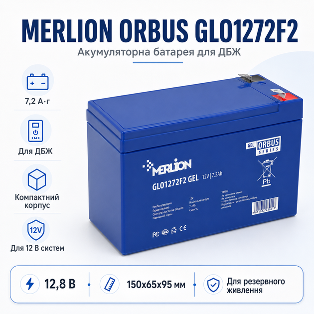 Аккумуляторная батарея для ИБП AGM MERLION GP1272F2 12V 7.2Ah Синий - изображение 2