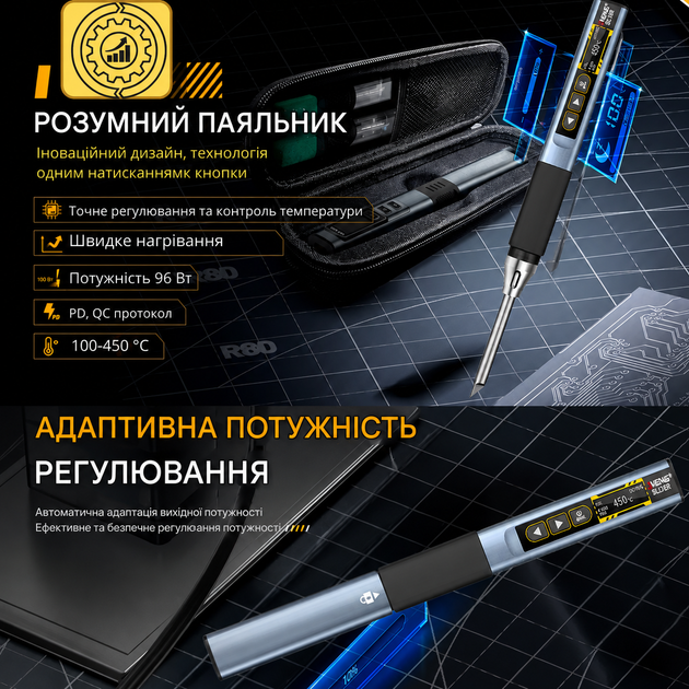 Мощный паяльник с регулировкой температуры S-108 для плат и проводов напряжение 5-28В паяльный набор с подставкой и проводом Type-C с жалом типа "топорик" - изображение 3