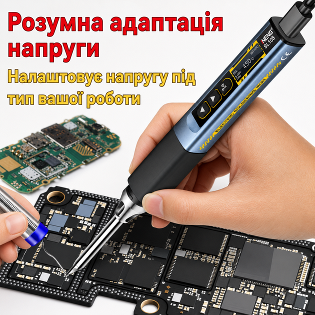 Мощный паяльник с регулировкой температуры S-108 для плат и проводов напряжение 5-28В паяльный набор с подставкой и проводом Type-C с жалом типа "топорик" - изображение 10
