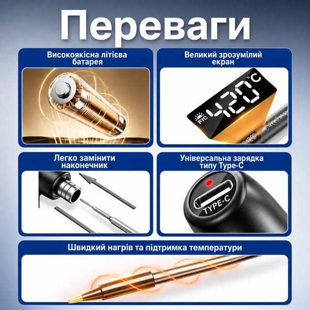 Паяльник акумуляторний з регулюванням температури та дисплеєм С200S пацює від повербанка 5В та розетки набір з припоєм та підставкою 3 жала - зображення 4