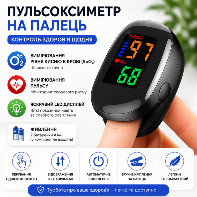 Пальцевой Пульсоксиметр SpO2 + Пульс — Цифровой с LED дисплеем - изображение 3