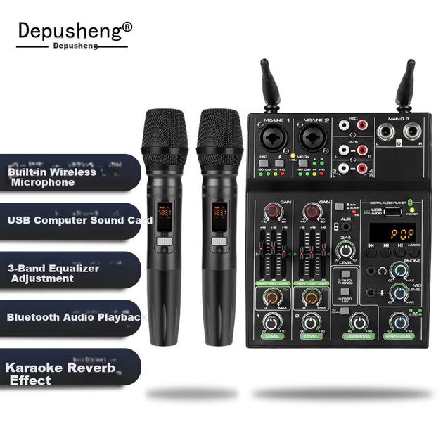 Depusheng Професійний 4-канальний мікшер USB Звукова карта Bluetooth Еквалайзер Реверберація Бездротовий мікрофон UF4-M для запису на комп'ютері Домашній KTV Спів Відеоконференція Пряма трансляція - Фото 4 Depusheng Професійний 4-канальний мікшер USB Звукова карта Bluetooth Еквалайзер Реверберація Бездротовий мікрофон UF4-M для запису на комп'ютері Домашній KTV Спів Відеоконференція Пряма трансляція - изображение 4