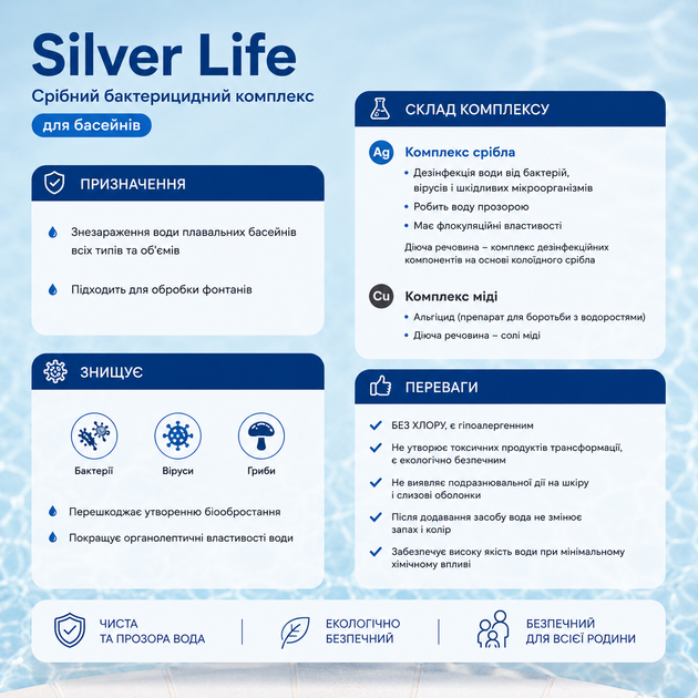 Срібний бактерицидний комплекс для басейнів (2*50мл) Ресурс 2,5 м3 Silver Life - изображение 2