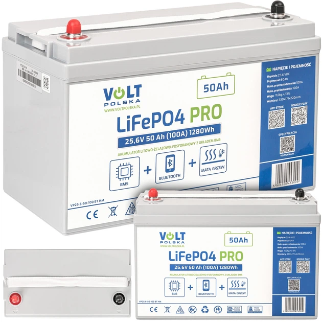 Akumulator Volt Polska LiFePO4 25.6V 50Ah 100A BMS Bluetooth + mata grzewcza (6AKLI24110) - Zdjęcie 1 Akumulator Volt Polska LiFePO4 25.6V 50Ah 100A BMS Bluetooth + mata grzewcza (6AKLI24110) - obraz 1