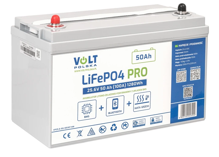 Akumulator Volt Polska LiFePO4 25.6V 50Ah 100A BMS Bluetooth + mata grzewcza (6AKLI24110) - Zdjęcie 3 Akumulator Volt Polska LiFePO4 25.6V 50Ah 100A BMS Bluetooth + mata grzewcza (6AKLI24110) - obraz 3