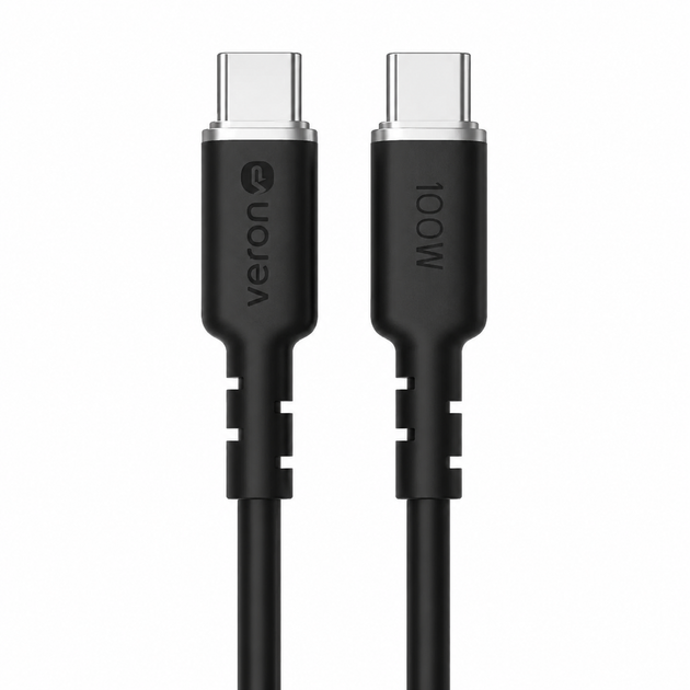 Кабель Veron CC07 USB-C – USB-C 100W PD 2 м Силіконовий Чорний - Фото 4 Кабель Veron CC07 USB-C – USB-C 100W PD 2 м Силіконовий Чорний - зображення 4