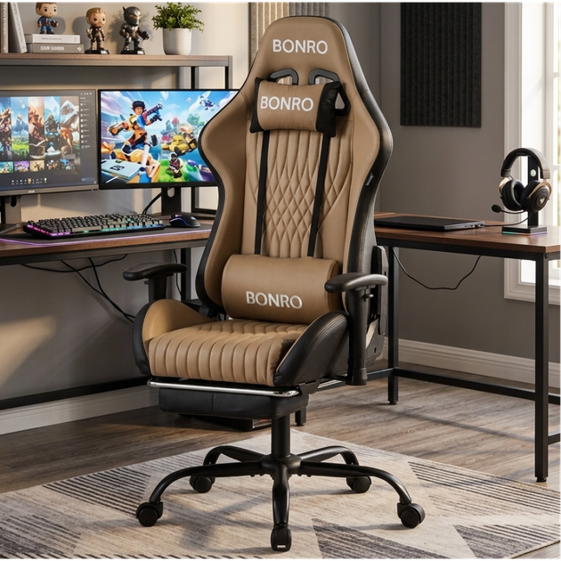Геймерське крісло з підставкою для ніг Bonro 1002G-1 коричневе - Фото 16 Геймерське крісло з підставкою для ніг Bonro 1002G-1 коричневе - зображення 16