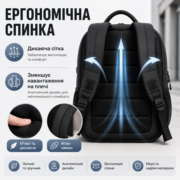 Рюкзак для ноутбука 15.6" с USB-портом водонепроницаемый мужской городской деловой бизнес-рюкзак для работы, обучения и путешествий студентов подростка дорожный рюкзак для ручной клади с вентилируемой спинкой и креплением на чемодан 45x29x12см черный - изображение 4