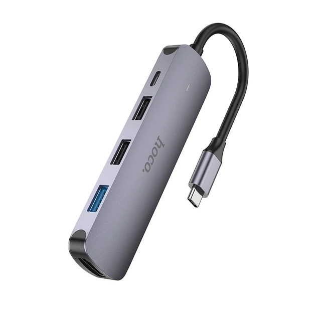 USB-хаб HOCO HB27 Type-C multi-function converter(HDTV+USB3.0+USB2.0*2+PD) Metal Gray - Фото 3 USB-хаб HOCO HB27 Type-C multi-function converter(HDTV+USB3.0+USB2.0*2+PD) Metal Gray - зображення 3