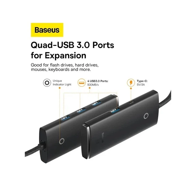 USB-хаб Baseus Lite Series 4-Port Type-C HUB Adapter (Type-C to USB 3.0*4 ) 1m Black - зображення 10