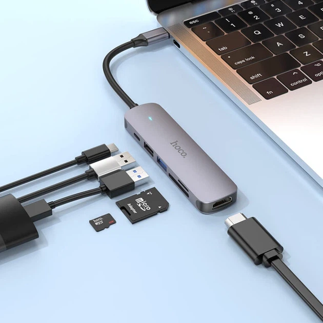 USB-хаб HOCO HB28 Type-C multi-function converter(HDTV+USB3.0+USB2.0+SD+TF+PD) Metal Gray - зображення 5