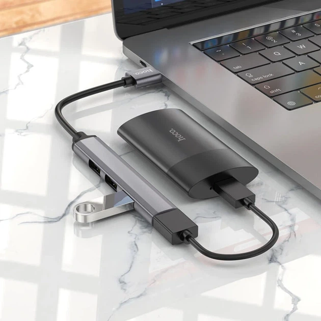 USB-хаб HOCO HB26 4 in 1 adapter(USB to USB3.0+USB2.0*3) Metal Gray - зображення 4