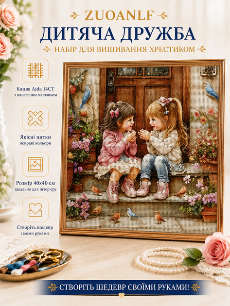 Набор для вышивки крестом ZUOANLF "Детская Дружба" 14CT, 40x40 см, канва Аида с нанесенным рисунком - Фото 2 Набор для вышивки крестом ZUOANLF "Детская Дружба" 14CT, 40x40 см, канва Аида с нанесенным рисунком - изображение 2