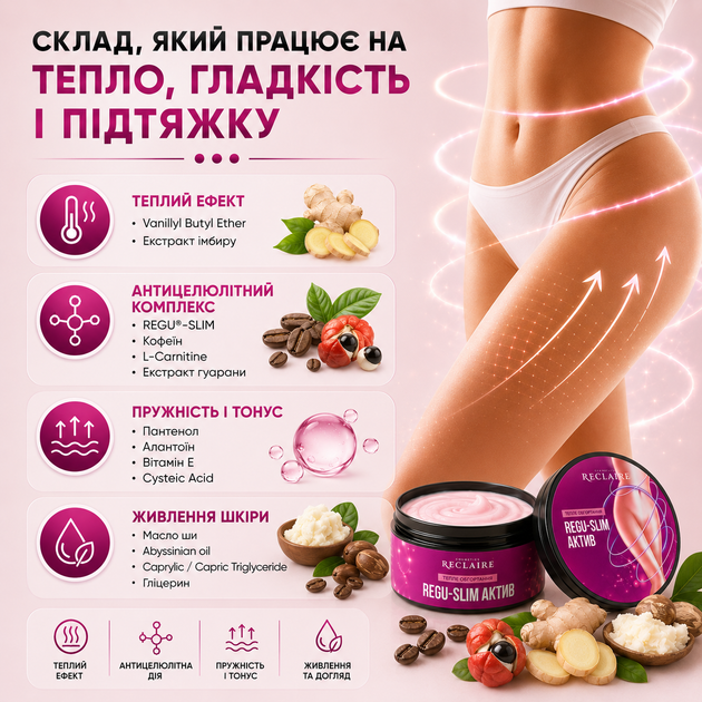 Антицеллюлитное теплое обертывание Reclaire Regu Slim Active 200 мл для похудения, подтяжки кожи от целлюлита в домашних условиях - изображение 7