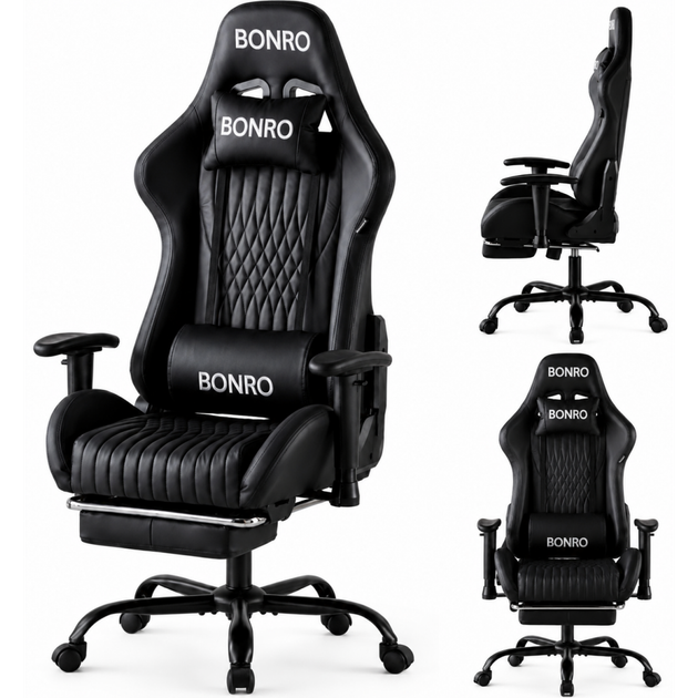 Геймерське крісло з підставкою для ніг Bonro 1002G-1 чорне (42401214) - зображення 2