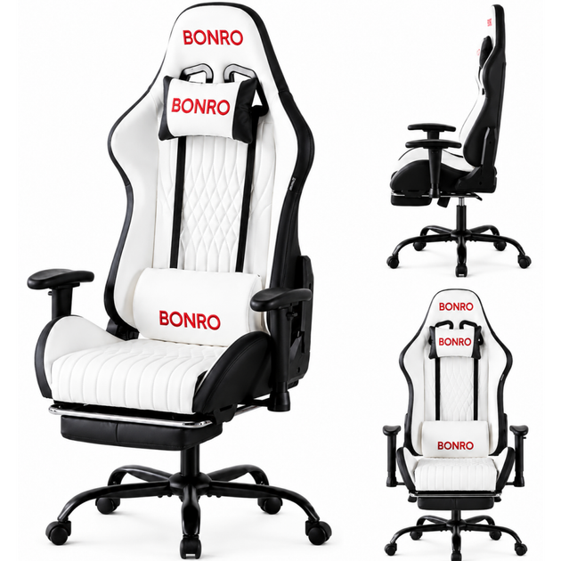 Геймерське крісло з підставкою для ніг Bonro 1002G-1 біле (42401210) - изображение 2