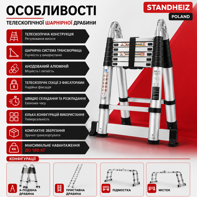 Телескопічна шарнірна драбина StandHeiz Poland DT440 2.2×2.2 (4.4 м) - зображення 4