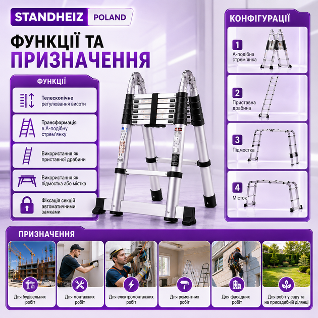 Телескопическая лестница-трансформатор StandHeiz Poland DT500 2,5×2,5 (5 м) - изображение 3