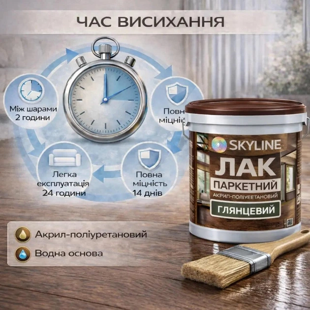 Лак для паркета Skyline акрил-полиуретановый глянцевый без запаха 10 л - изображение 7