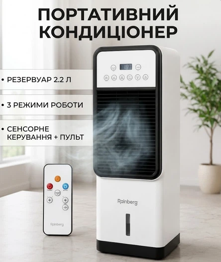 Кондиціонер Rainberg RB-2343 з пультом ДК для охолодження та зволоження повітря 2.2 л резервуар 3 режими роботи Побутовий кліматичний прилад для дому та офісу - Фото 2 Кондиціонер Rainberg RB-2343 з пультом ДК для охолодження та зволоження повітря 2.2 л резервуар 3 режими роботи Побутовий кліматичний прилад для дому та офісу - изображение 2