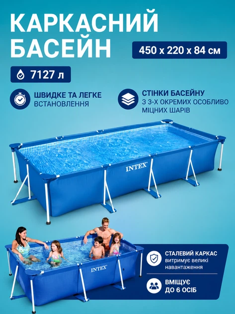 Каркасний басейн Intex 28273 великий сімейний прямокутний басейн для дачі 450x220x84 см металевий каркас купити басейн для двору 7127 л літрів якісний Intex каркасний басейн для відпочинку на природі - зображення 3